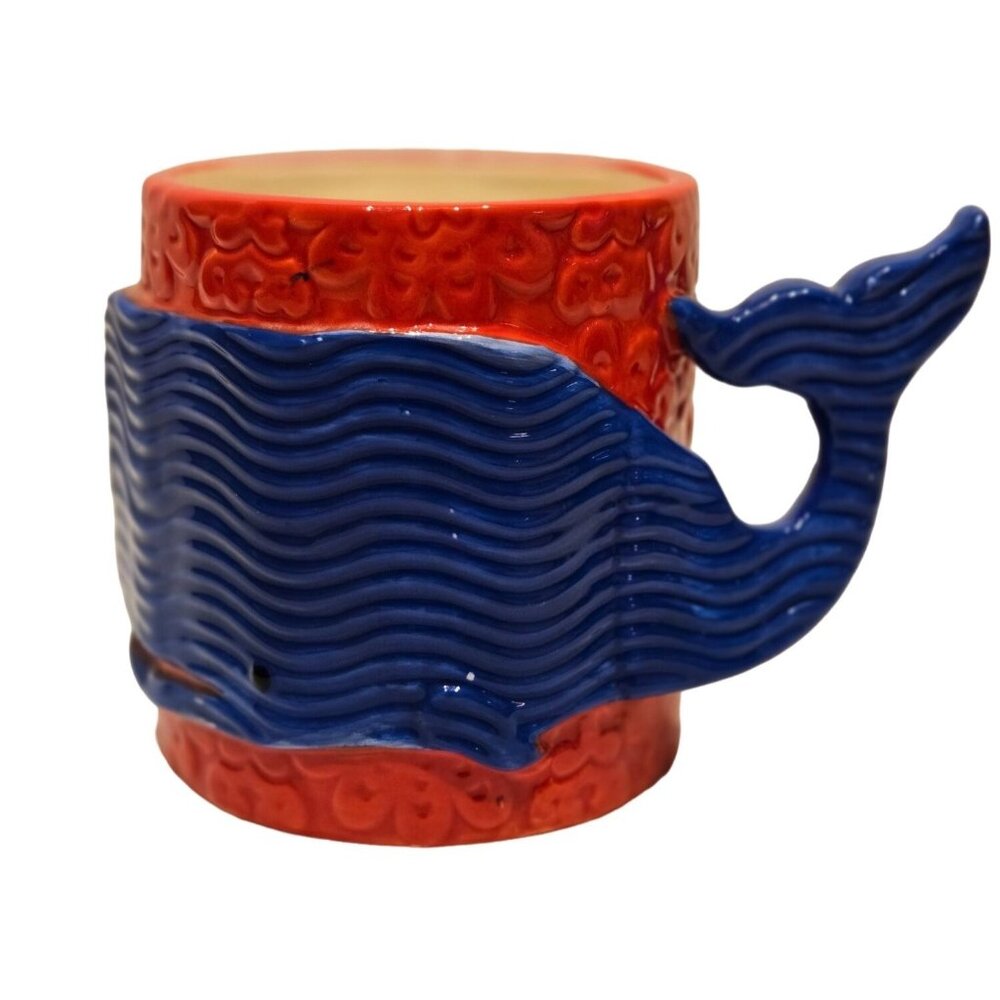 Mud Pie Sealife Embossed Whale Tale Handle Coffee Mug Red Blue